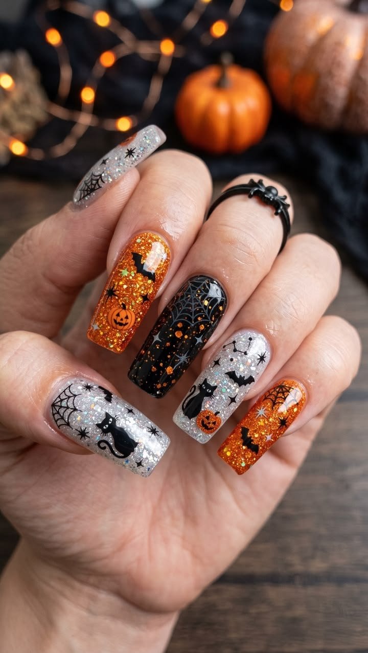 Matte black and foil skull Halloween nail designs