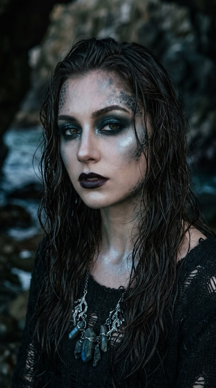 Accessories like shells and pearls for dark mermaid makeup