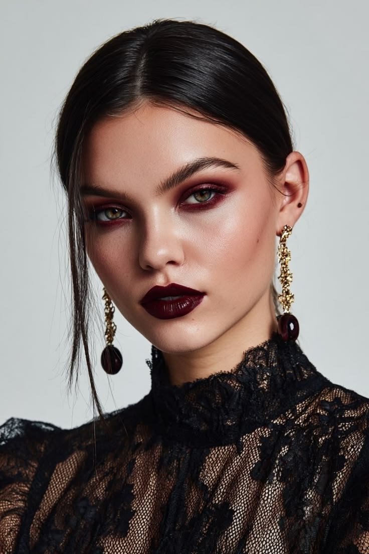 Minimalist dark romantic makeup featuring a dark lip and defined eyes