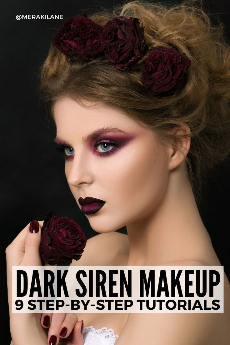 A close up of dark siren makeup showing sharp eyeliner and gradient shadows