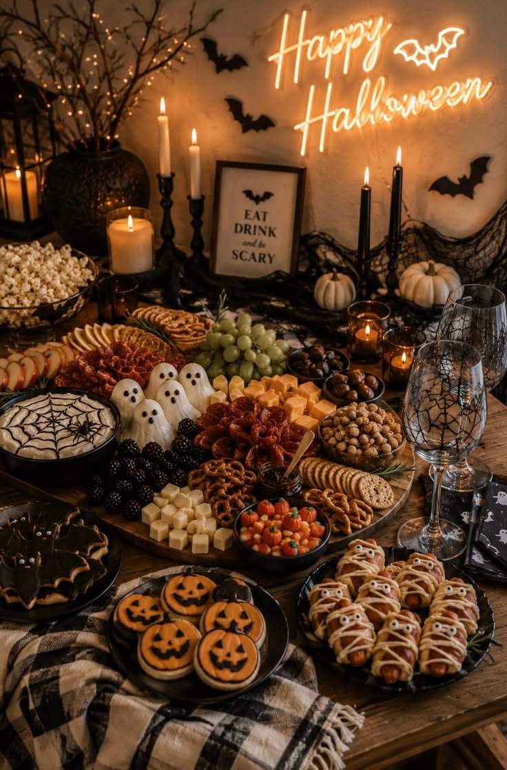 Vintage apothecary bottles providing unique halloween party decor inspo for the drink station