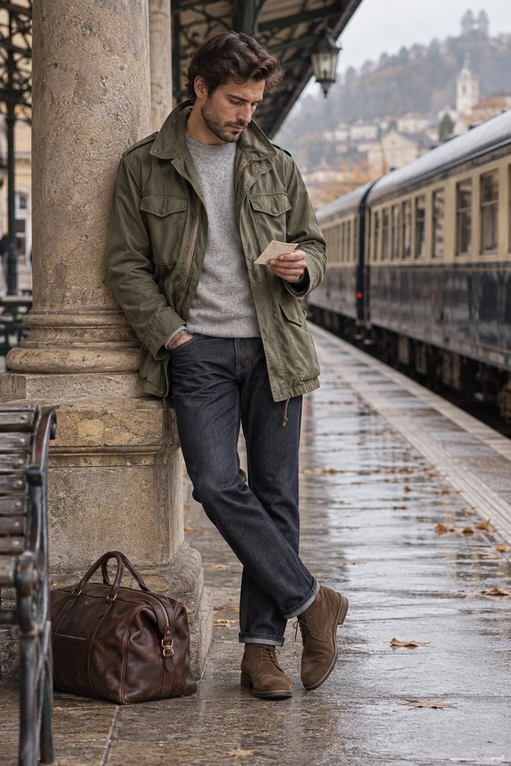 Man wearing a field jacket outfit with a casual shirt, dark wash jeans, and boots, ideal for relaxed weekend style.