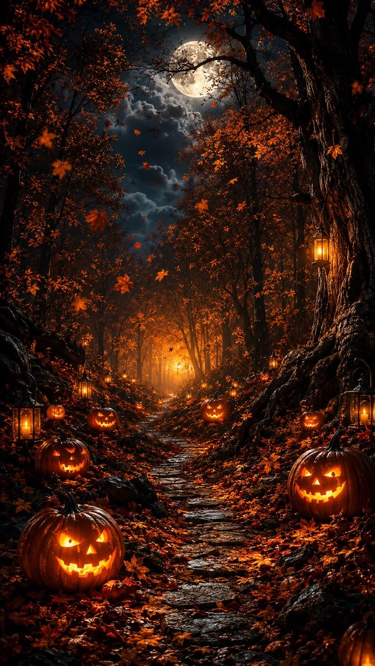 Halloween wallpaper with full moon and bat silhouettes across a night sky