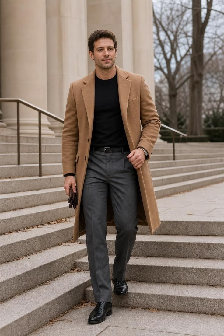 Man wearing a stylish brown wool coat, plaid scarf, and dark trousers for a sophisticated winter look.