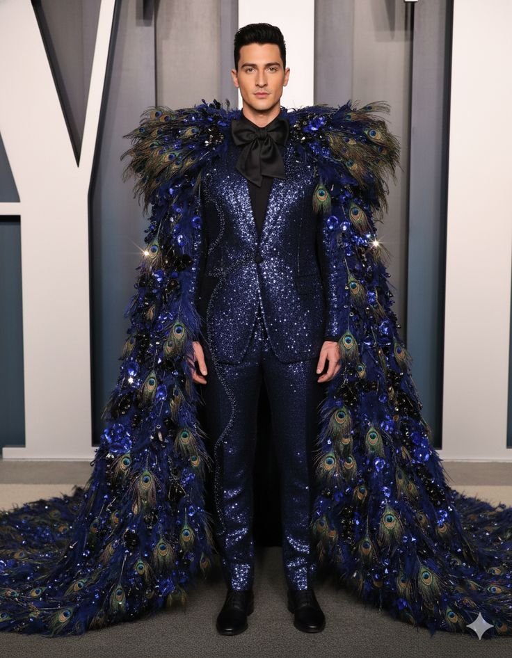 Flowing blue and green gown with scale-like embellishments, resembling a mythical mermaid.