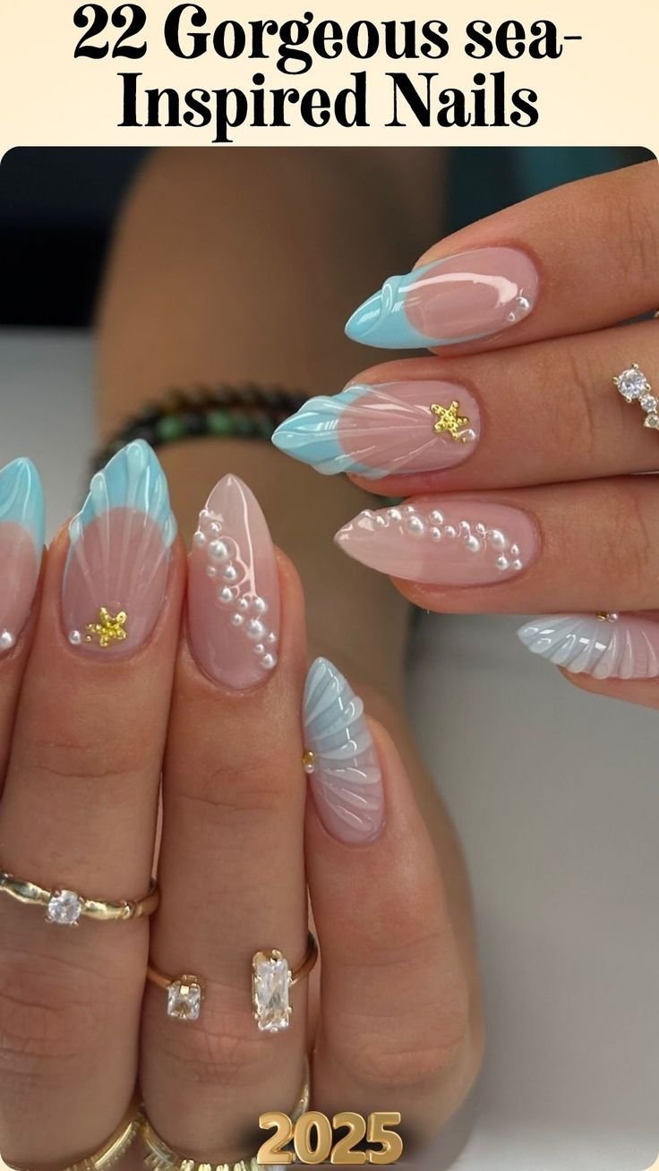 Easy sea inspired nails created with household items like sponges