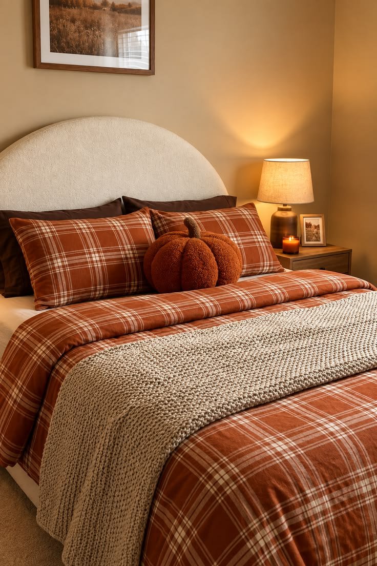 Warm ochre and charcoal grey fall bedding combo offering a modern autumnal contrast