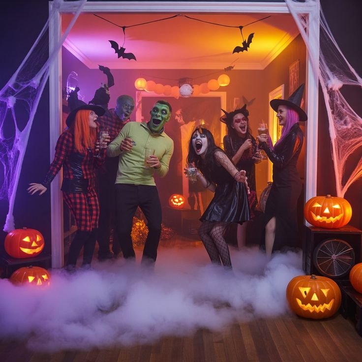 Halloween party indoor decor with mantel display and candles