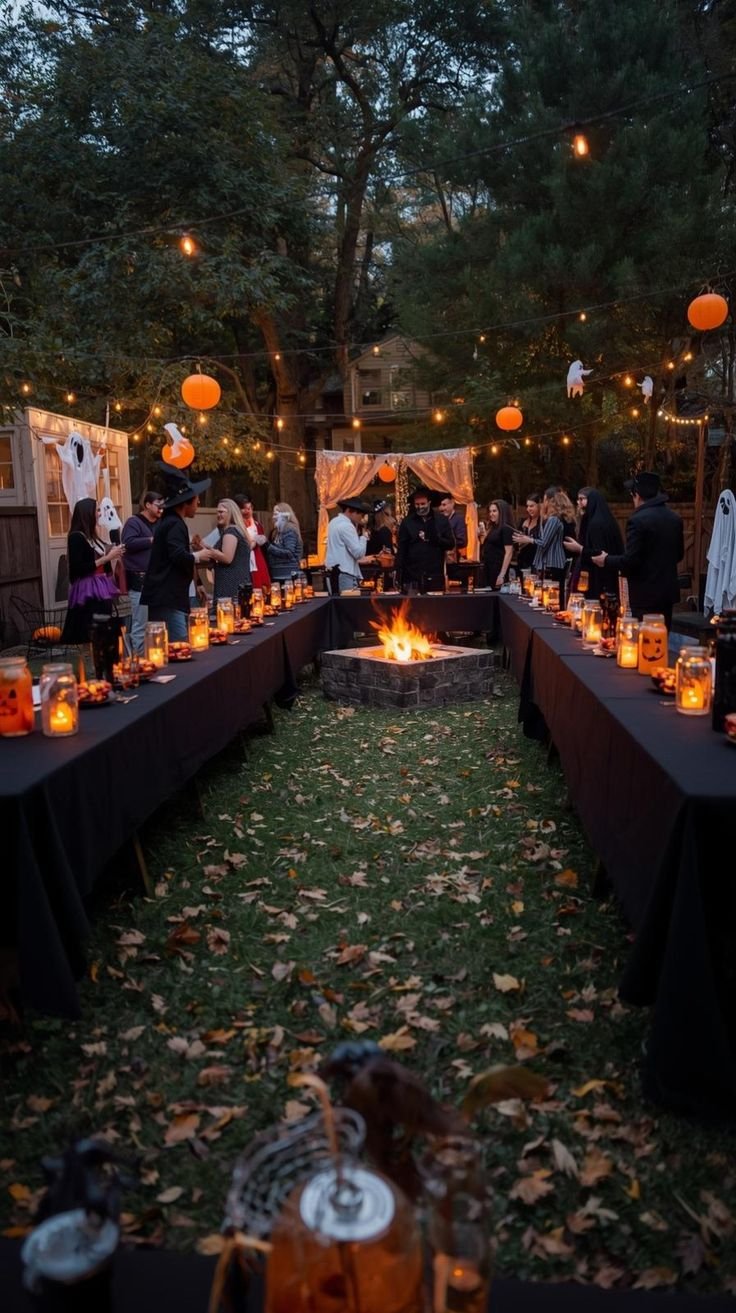 Halloween party centerpieces with candles and skulls