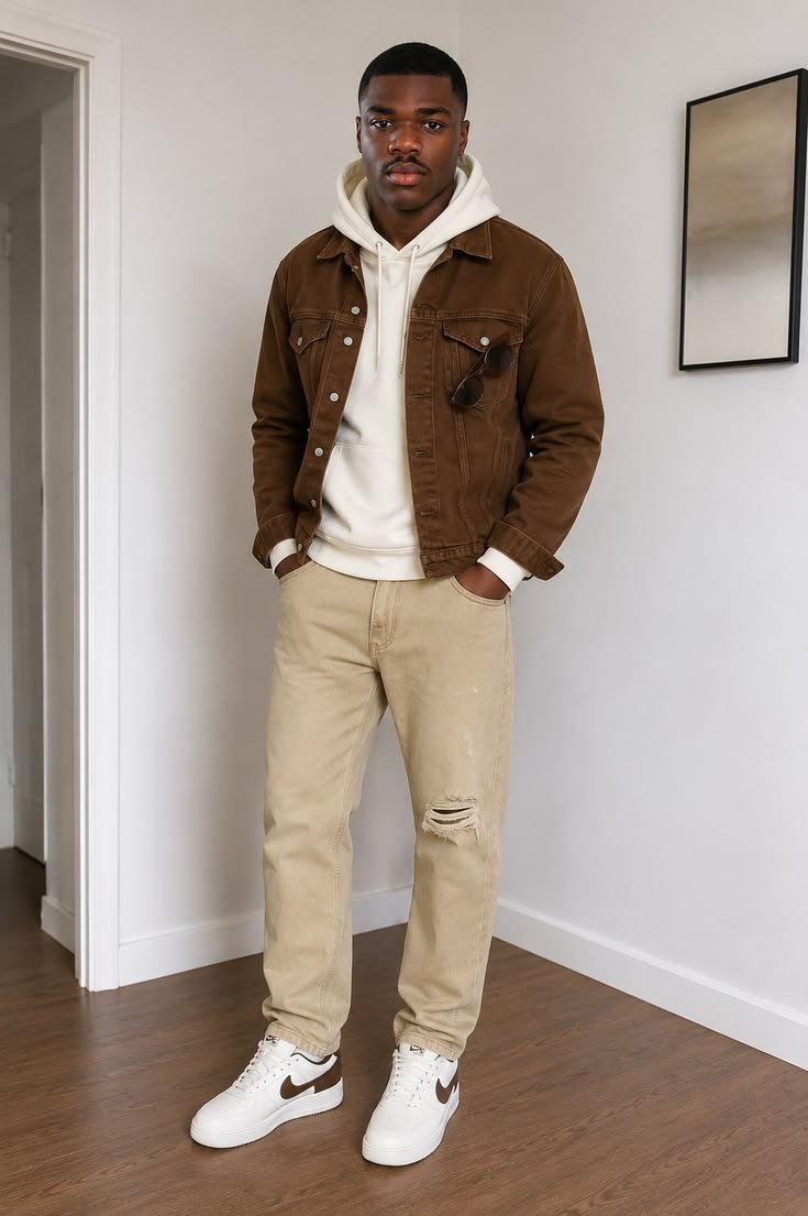 Woman wearing a brown sweater vest over a white shirt, dark pants, and loafers, for a preppy brown winter outfit.