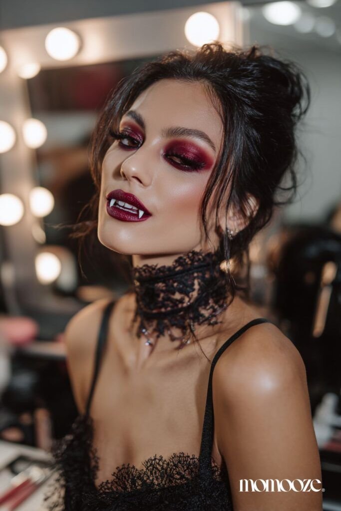 Model wearing a deep berry lipstick, a classic dark romantic lip choice