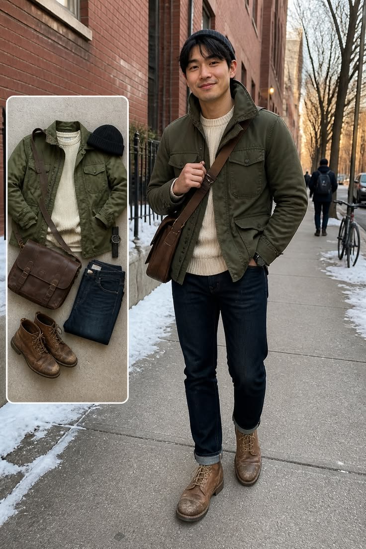 Layered field jacket look with a denim shirt and beige chinos, highlighting versatile transitional styling.