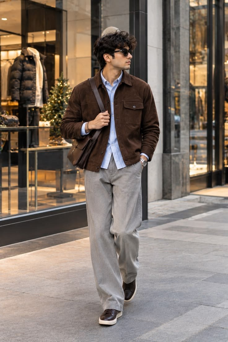 Woman wearing a brown oversized blazer, turtleneck, and wide-leg trousers for a chic brown winter outfit.