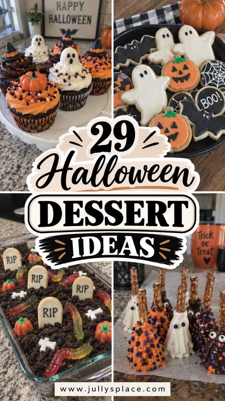 Close-up of baked halloween desserts featuring orange frosting and black decorative sprinkles.