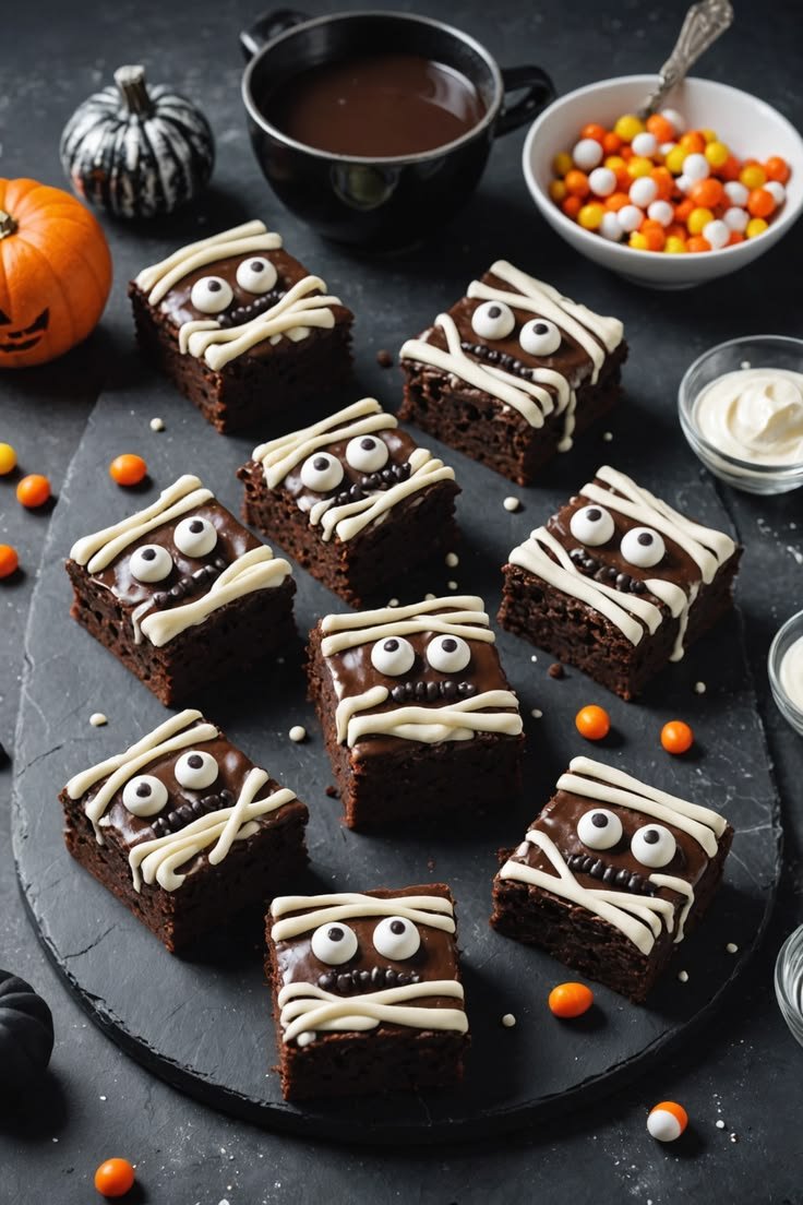 Curated colorful halloween snacks plates with mixed candies and treats