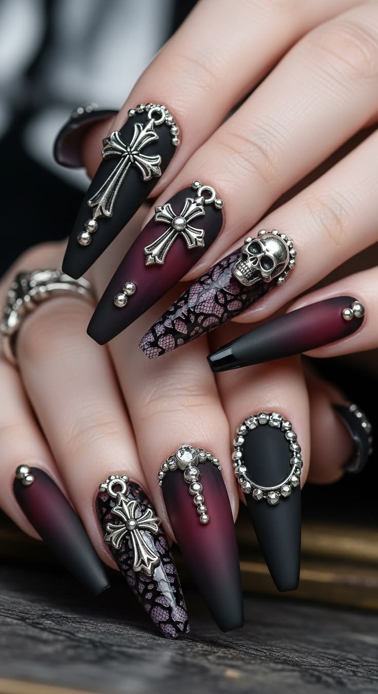 Various lengths of gothic coffin nails from medium to extra long, demonstrating shape versatility.
