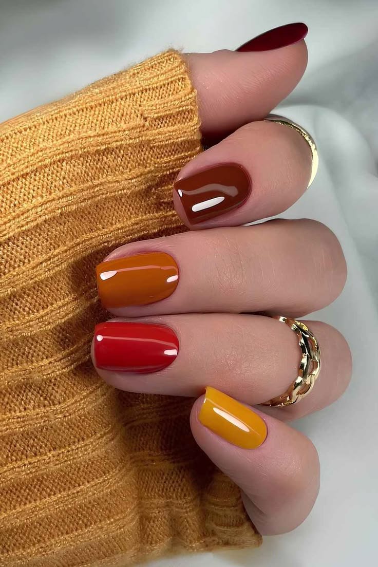 A warm and inviting fall color palette featuring burnt orange, deep brown, and mustard yellow tones