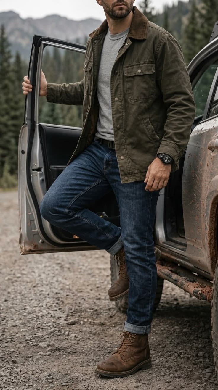 Rugged field jacket outfit men with a flannel shirt and work boots, suitable for outdoor activities.
