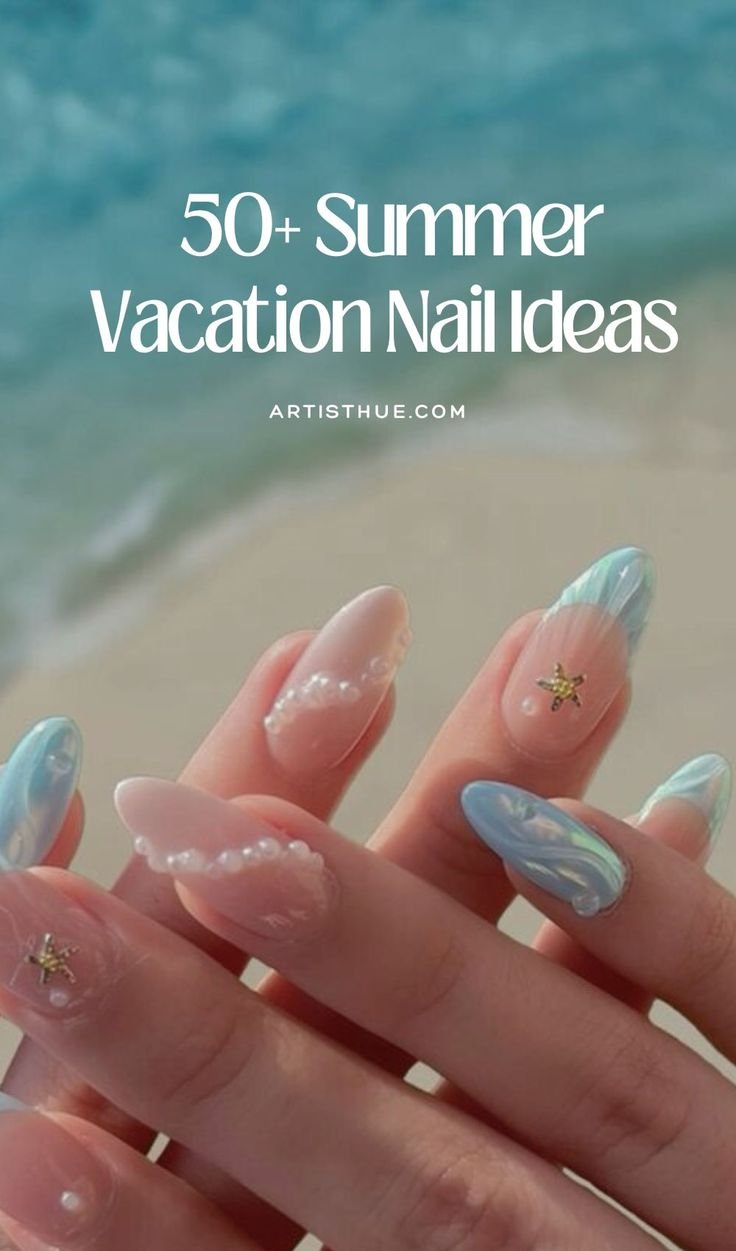 Detailed sea inspired nails art featuring realistic shell textures