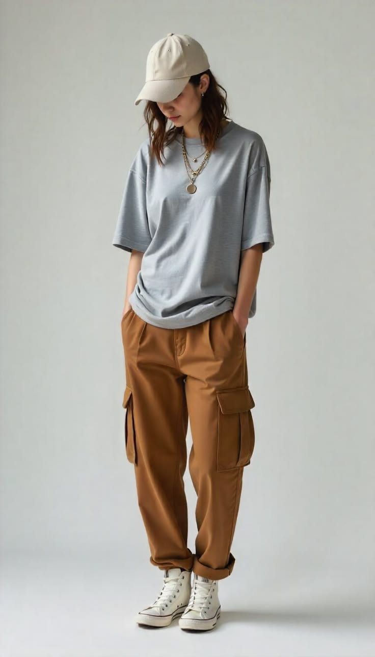 Models displaying various utility shirt fits: slim, regular, and oversized, impacting the overall look.
