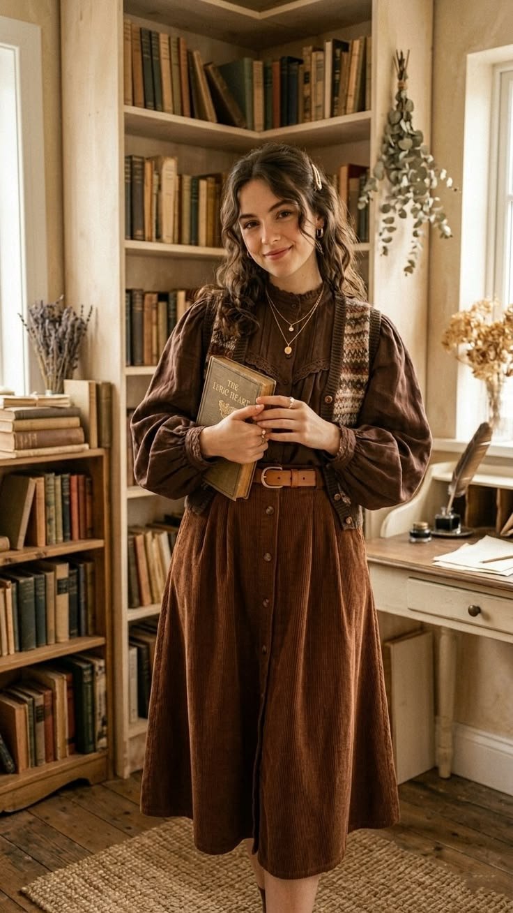 A person in a poet core outfit with subtle 2000s fashion influences.
