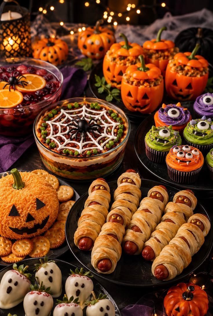 Halloween food snacks featuring a spiderweb layered taco dip
