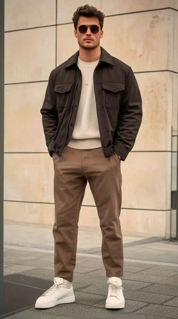 Casual brown winter outfit featuring a cozy knit sweater, dark jeans, and sturdy boots, perfect for daily wear.