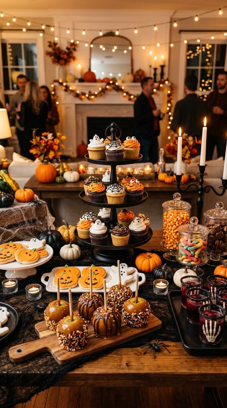 Halloween party drink station with potion bottles and themed labels