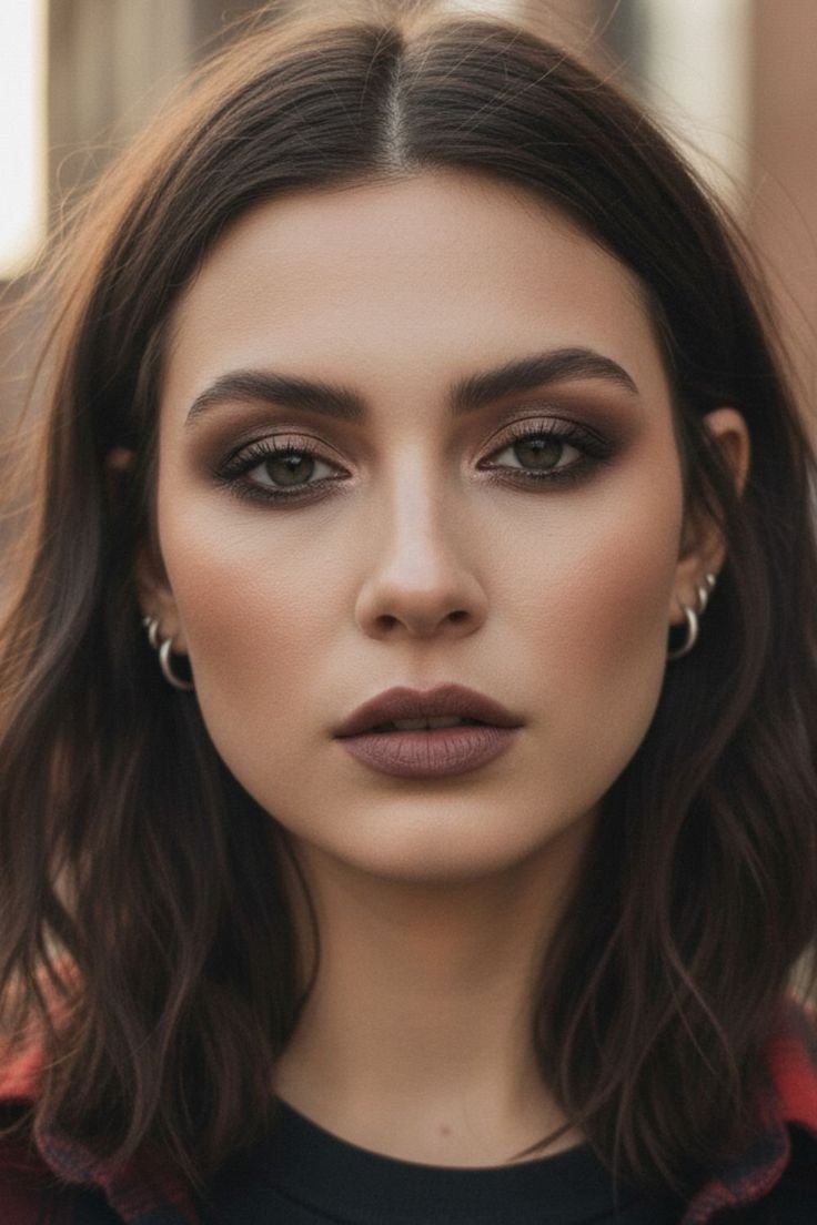 Bridal model with a refined dark romantic makeup look, suitable for a wedding