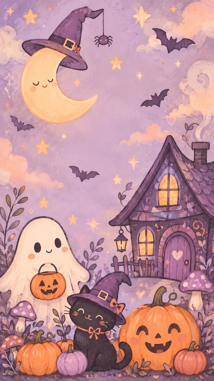 Grim reaper figures standing on a fog-filled porch in this dramatic Halloween wallpaper
