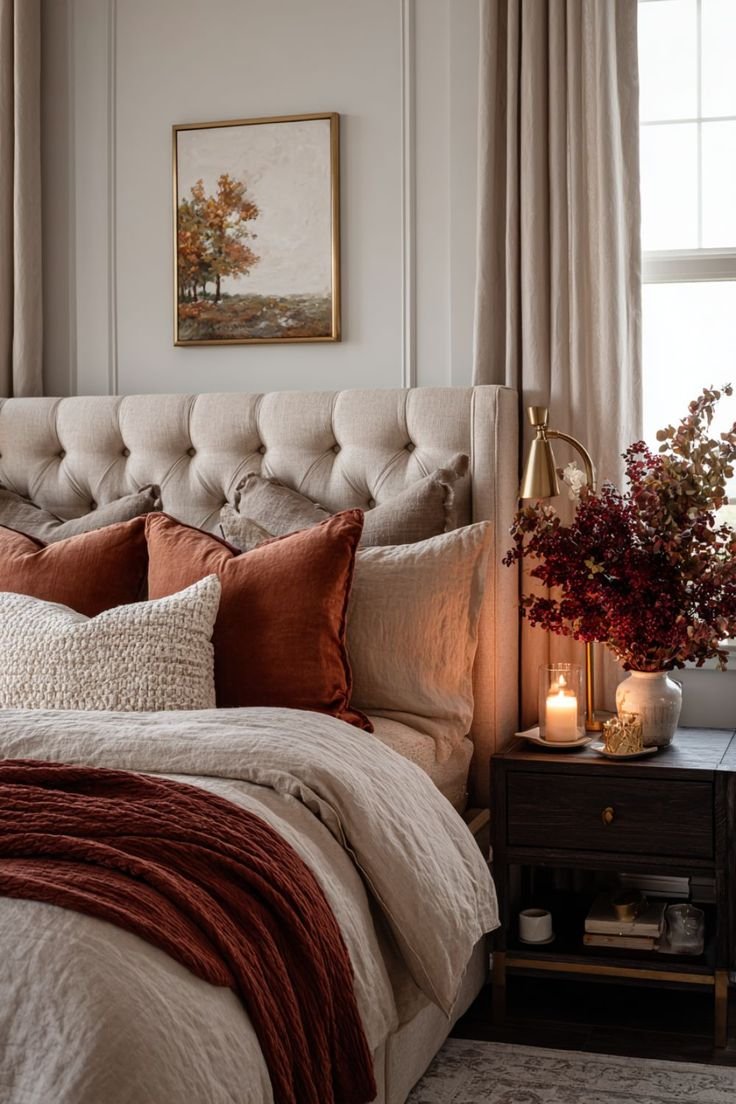 Midnight blue and amber fall bedding combo featuring elegant, moody seasonal contrast