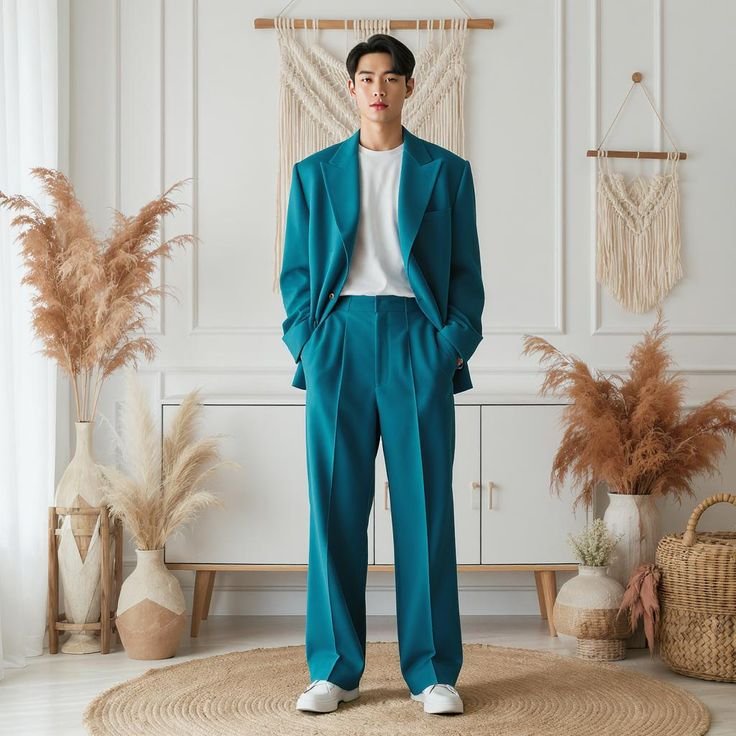 Close-up of a baggy suit outfit fabric showing texture and drape