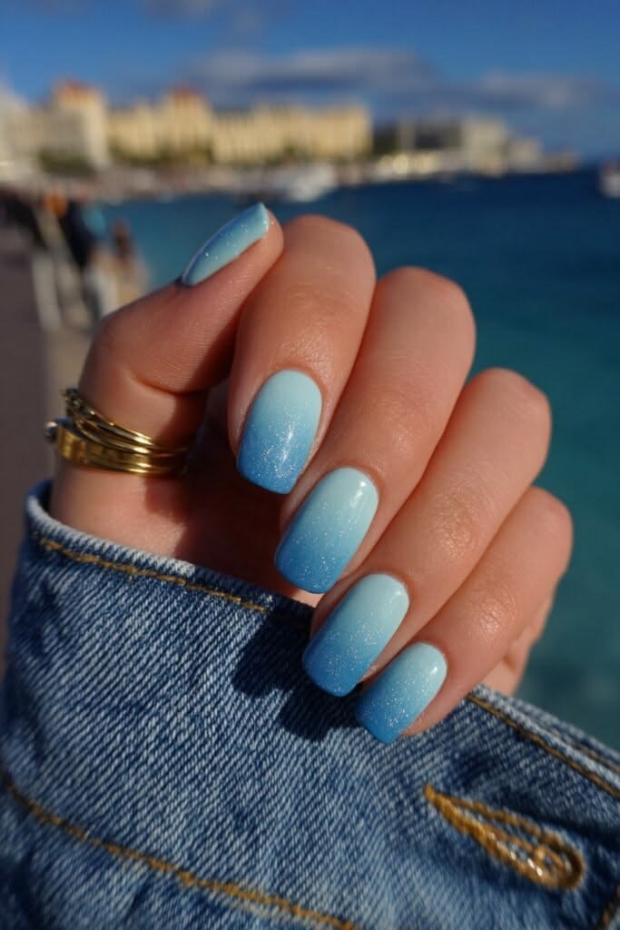 Selection of blue and green base colors for sea inspired nails