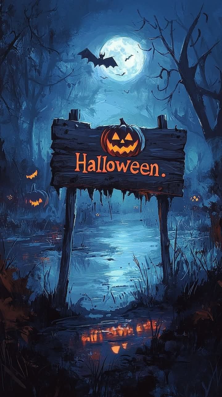 Haunted house Halloween wallpaper with glowing windows and misty nighttime sky