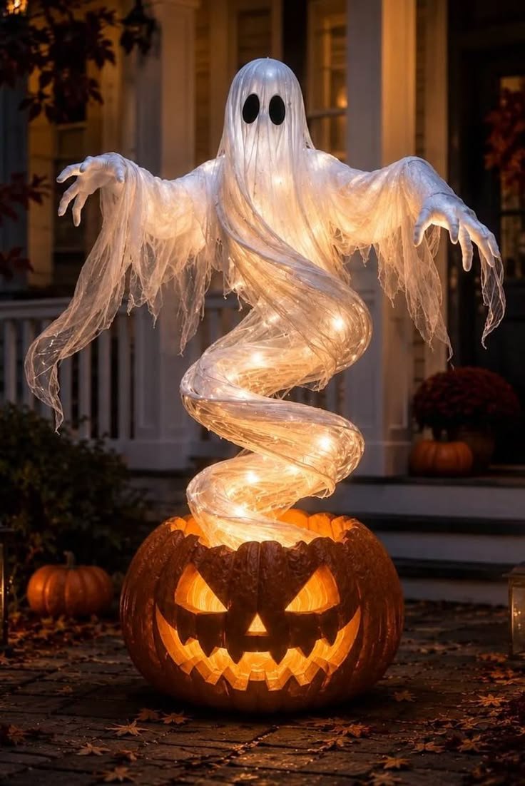 Giant poseable skeleton serving as a centerpiece for outdoor halloween decor displays
