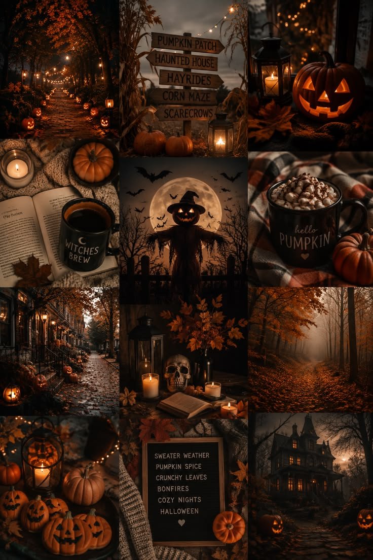 A classic vintage halloween aesthetic decor setup featuring glowing jack-o-lanterns