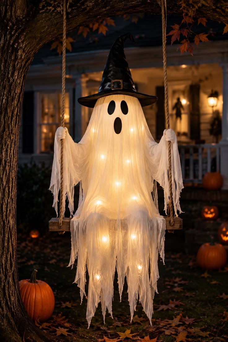 Tattered creepy cloth draped over front porch columns for classic halloween yard ideas