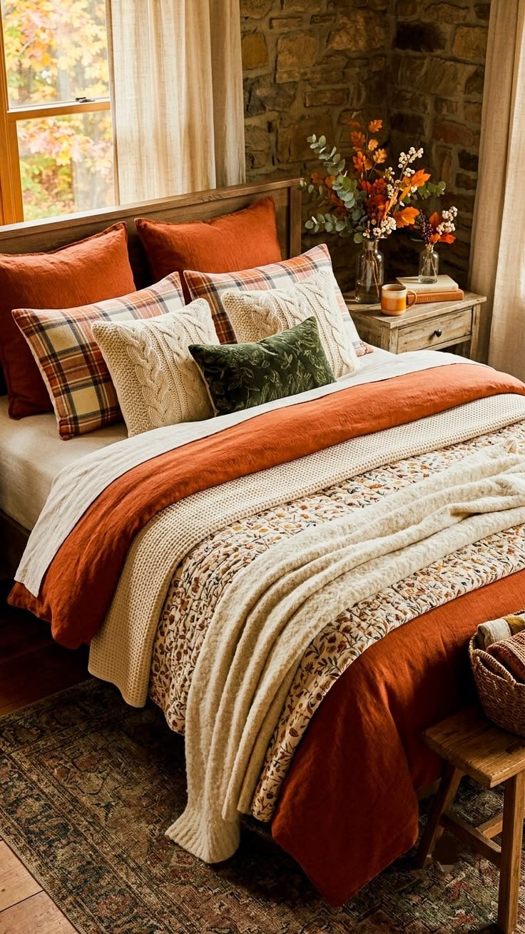Heritage plaid and flannel fall bedding combo ideal for a cozy cabin bedroom aesthetic