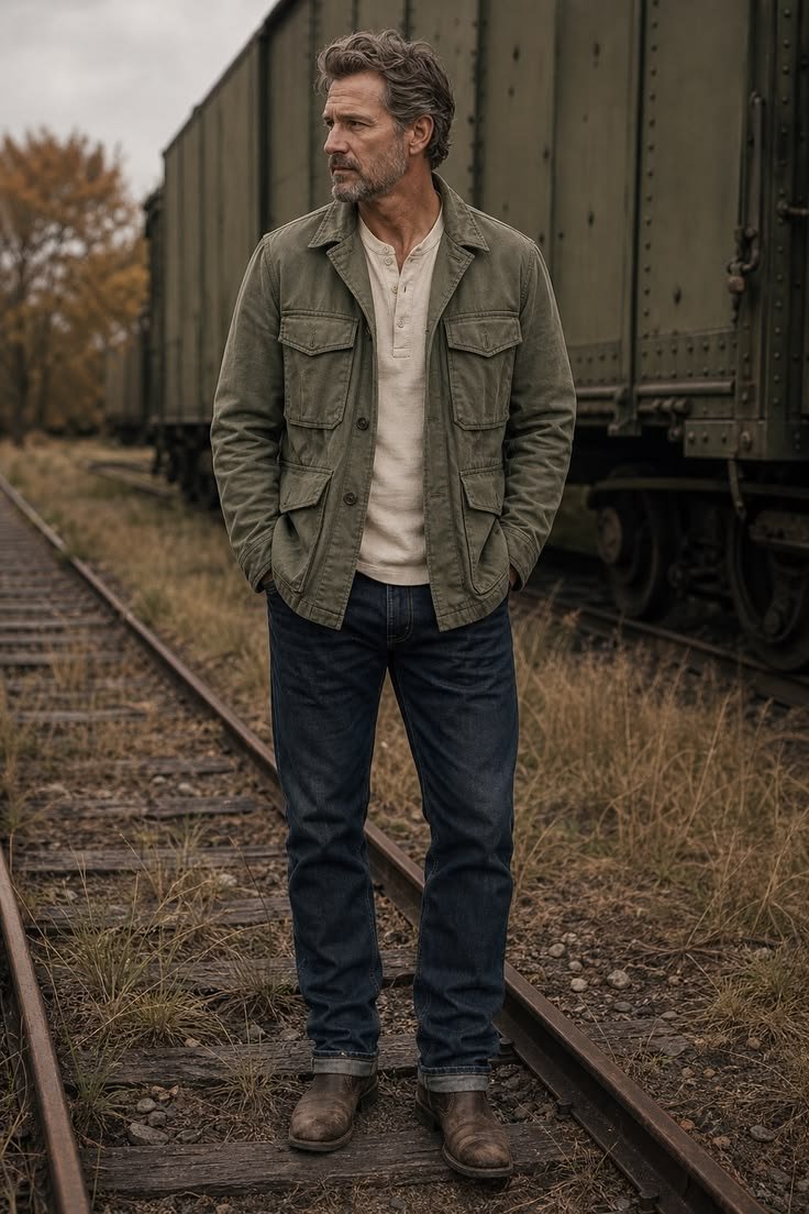 Winter field jacket ensemble featuring a thick sweater and scarf, providing warmth and style.