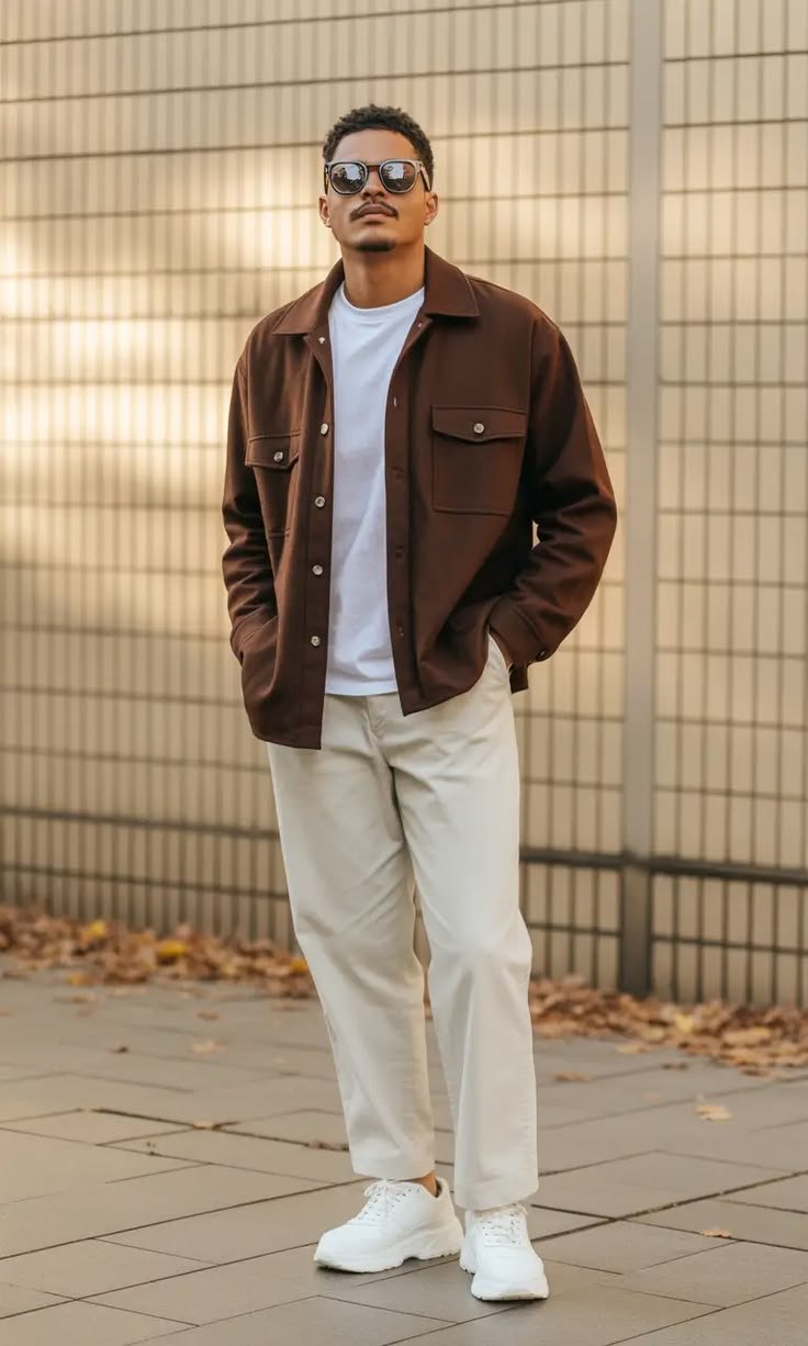 Woman in a dark brown sweater, wide-leg pants, and sneakers, demonstrating a comfortable brown winter outfit.