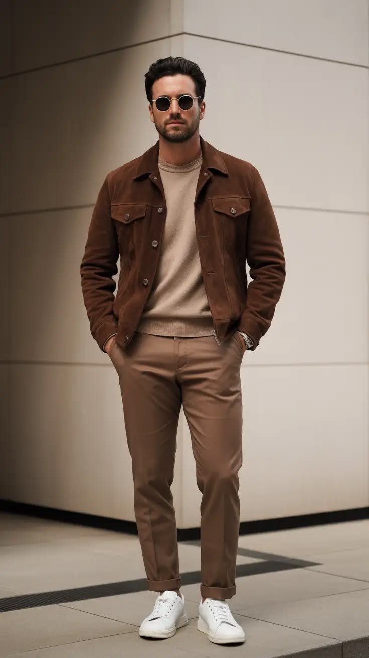 Elegant brown ribbed knit dress with a matching long coat, creating a cohesive brown winter outfit aesthetic.