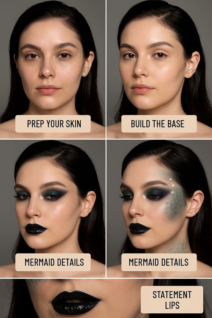 Visual inspiration board for dark mermaid makeup aesthetics