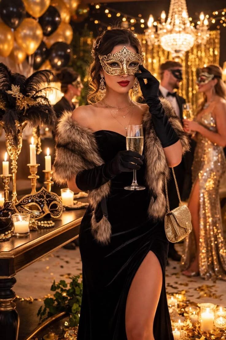 A woman wearing an intricate gold mask at a midnight masquerade event