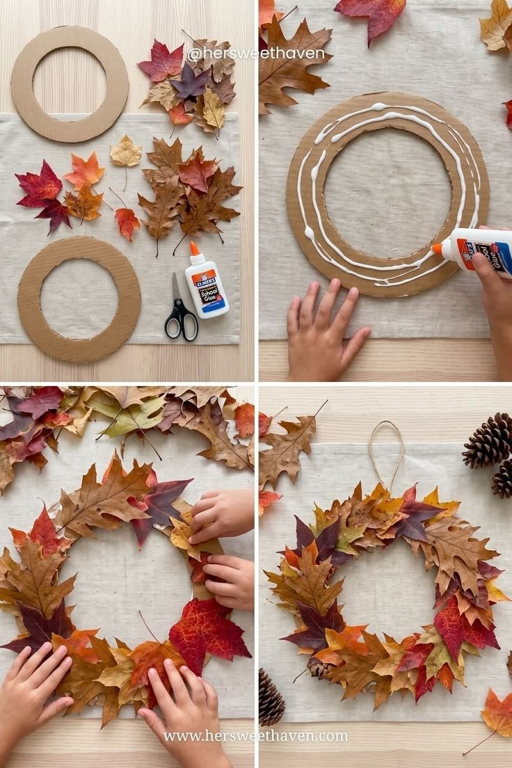 Delicate homemade fall decorations paper oak leaves strung across a fireplace mantle garland