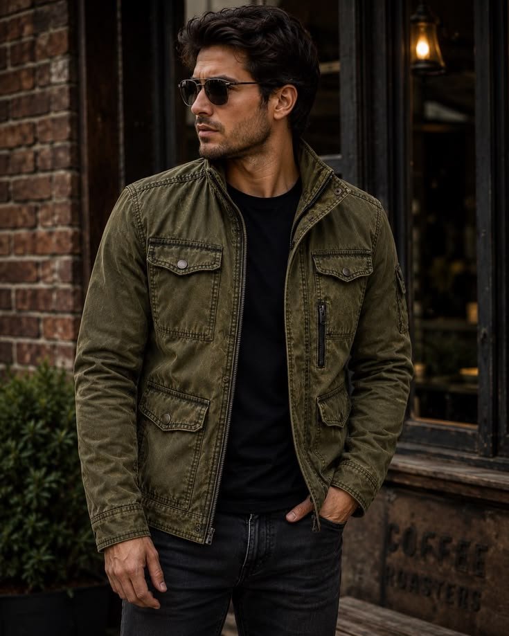 Black field jacket outfit men with a dark sweater and trousers, offering a sophisticated and understated look.