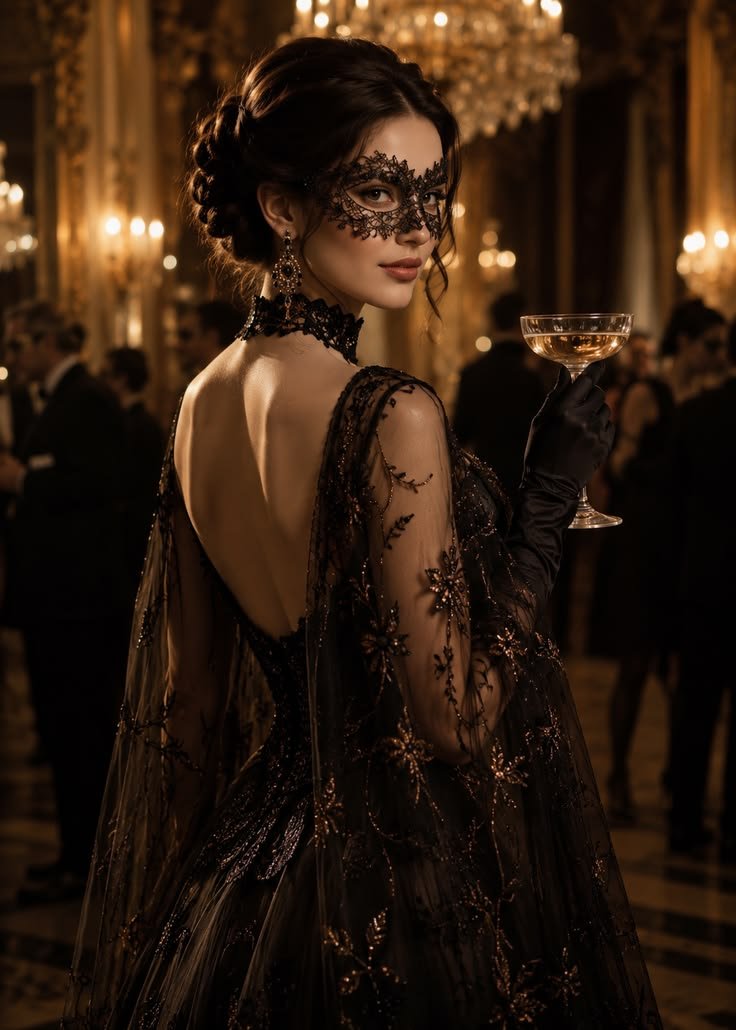 An elaborate midnight masquerade setup with candles and velvet textures