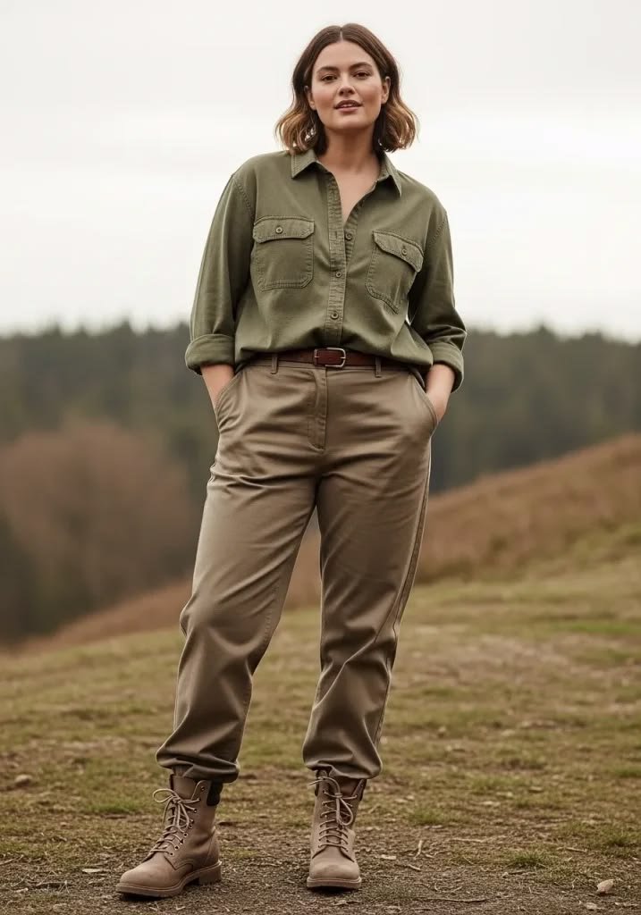 Accessories like belts, scarves, and jewelry laid out, suitable for complementing a utility shirt style.