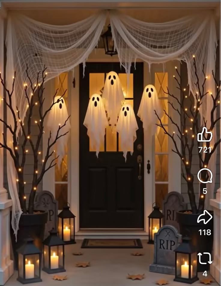 Digital motion projector casting animated ghosts on a garage door for modern halloween yard ideas