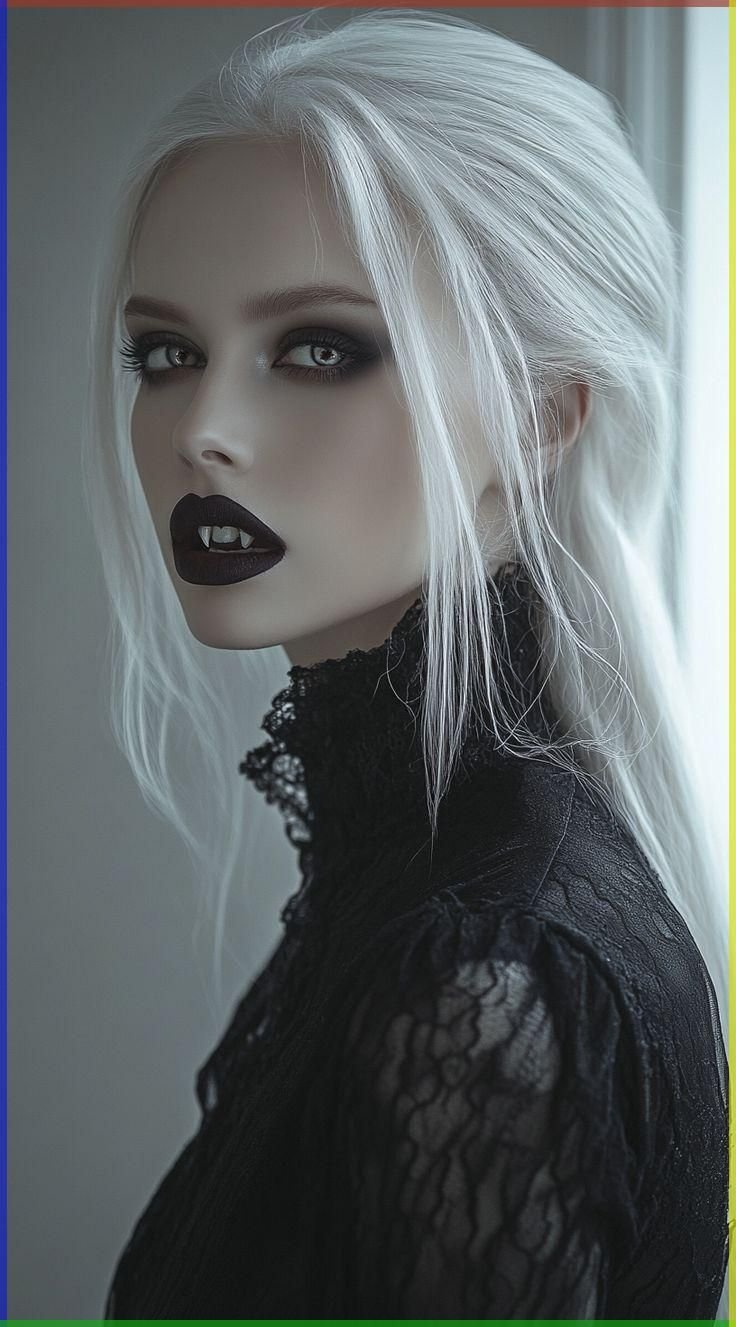 Hands adorned with dark, ornate rings and long, pointed nails, adding to a vampire aesthetic