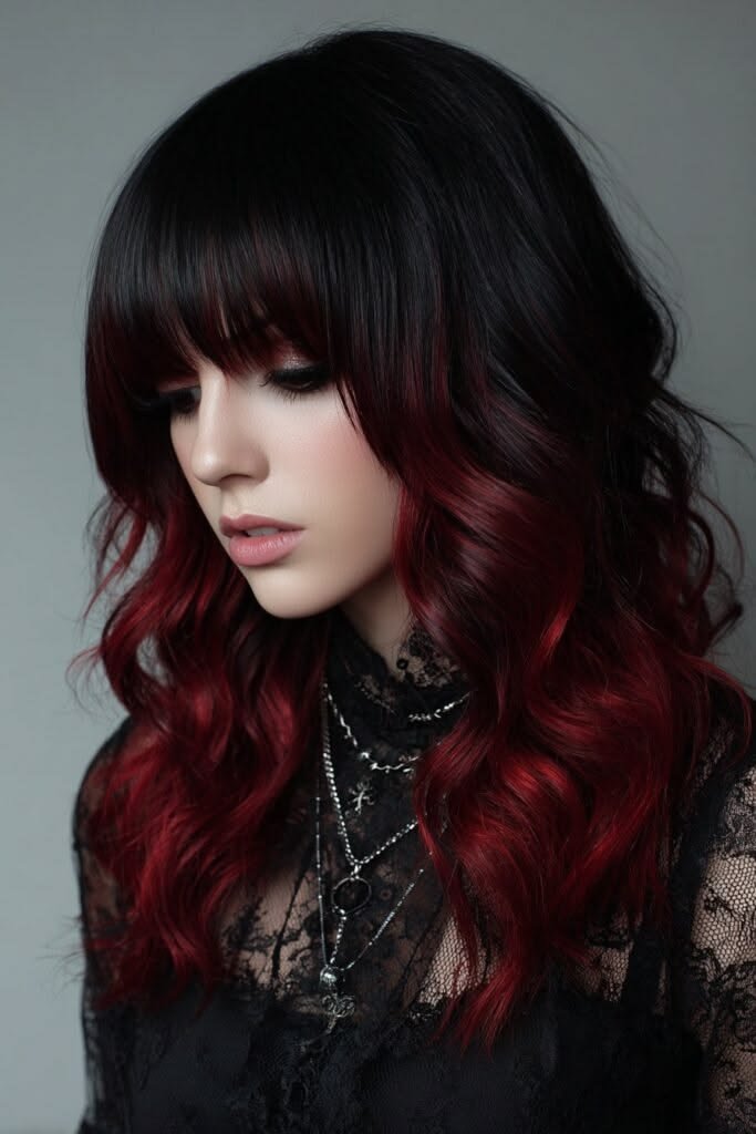 A sleek, straight vampire haircut with smooth layers and a polished, dark aesthetic.